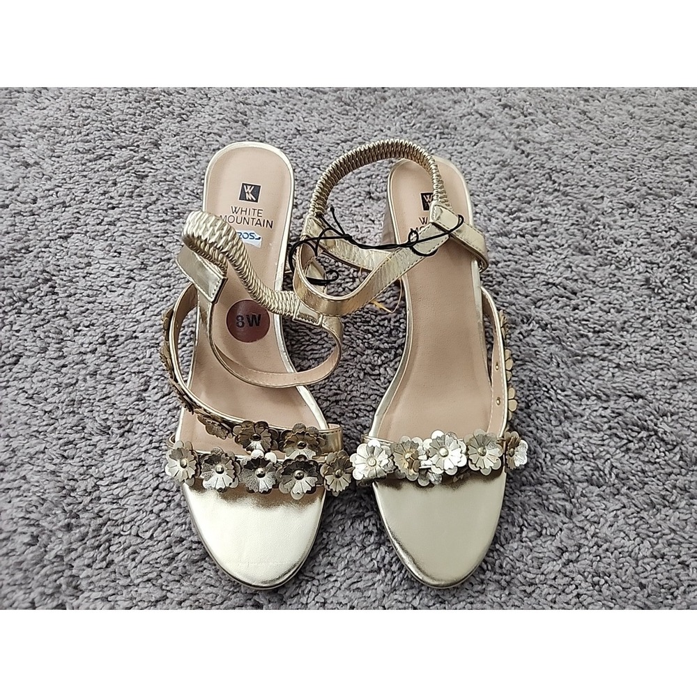 White Mountain Sandals Womens 8W Gold Floral Applique Block Heel Slingback
